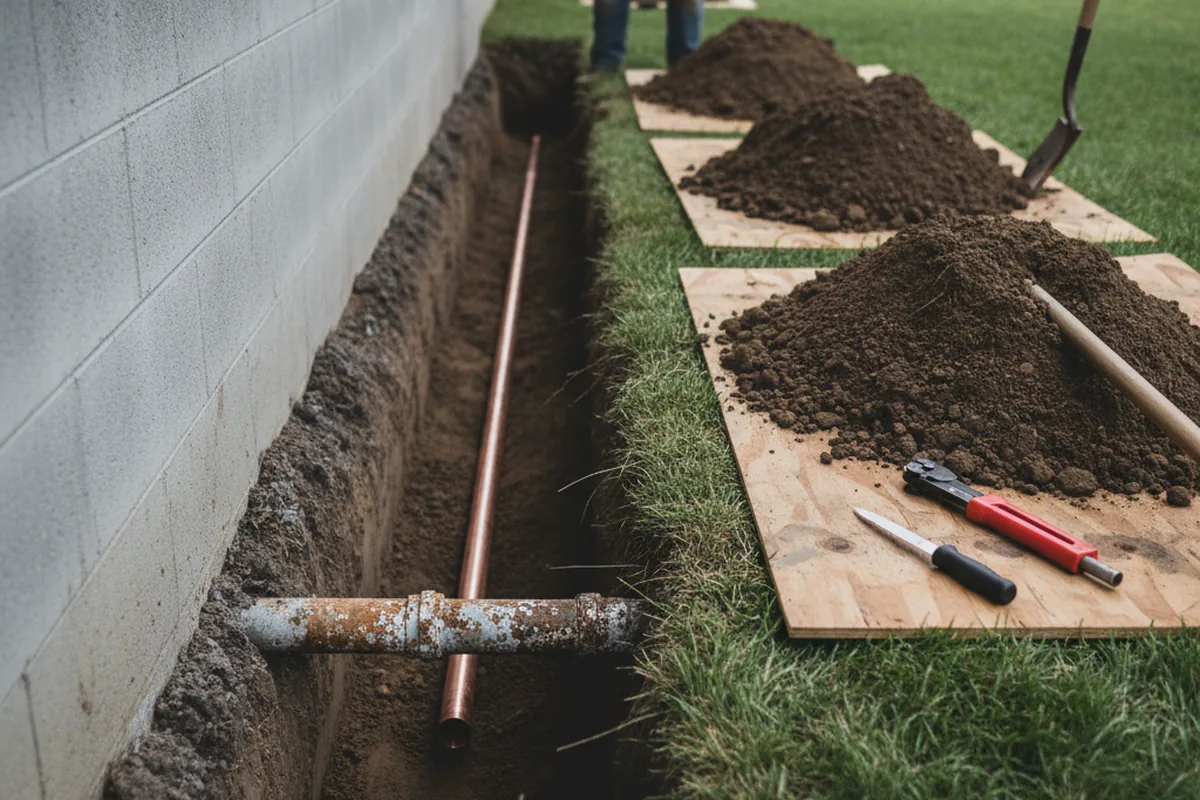 Excavated water line trench during Sewer Line Repair in Douglas